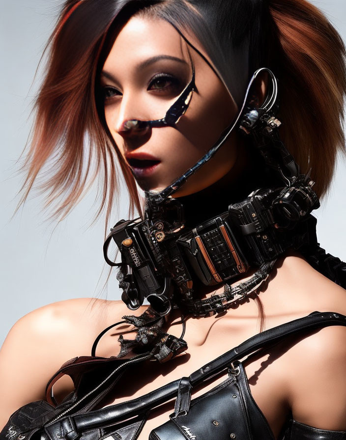 Futuristic woman with cybernetic eye patch and neck gear in confident gaze