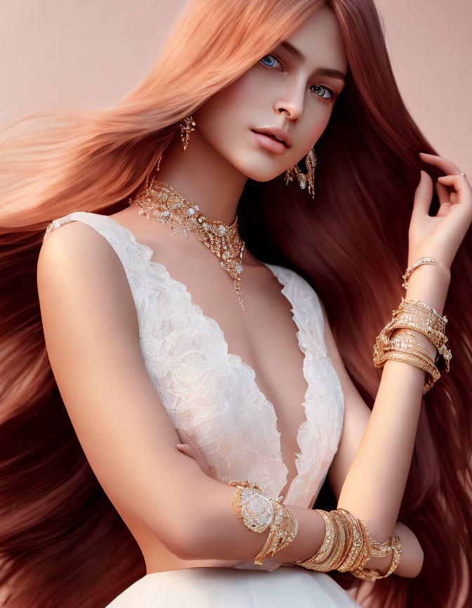 Woman with long wavy hair in elegant gold jewelry and lace top posing against soft background