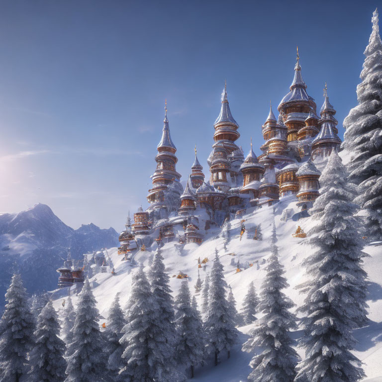 Ornate multilevel buildings in snow-covered winter scene
