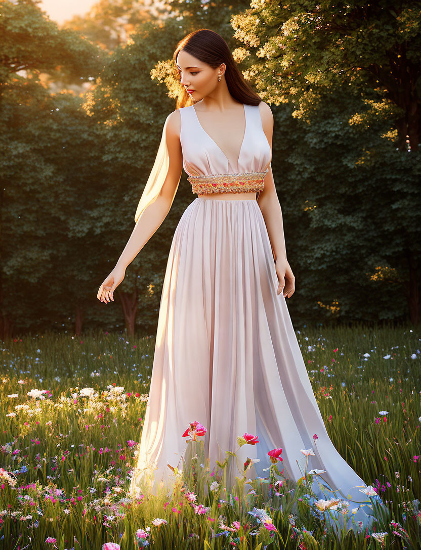 Elegant woman in pale dress with gold details in sunlit field