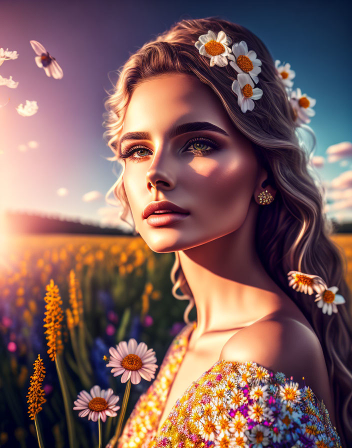 Woman with Floral Headpiece in Vibrant Flower Field at Sunset