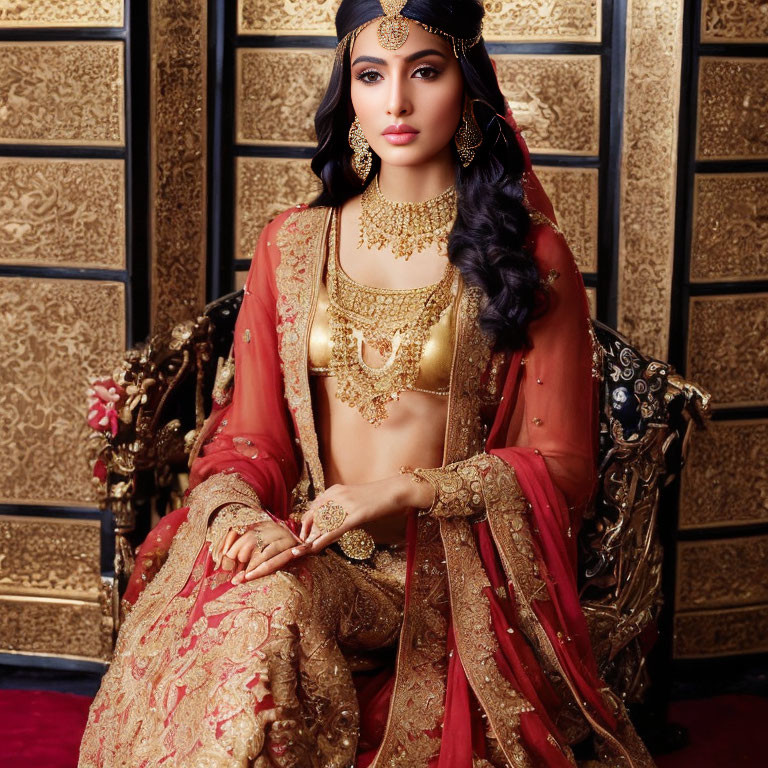 Traditional Indian Bridal Attire with Gold Embroidery on Elegant Woman