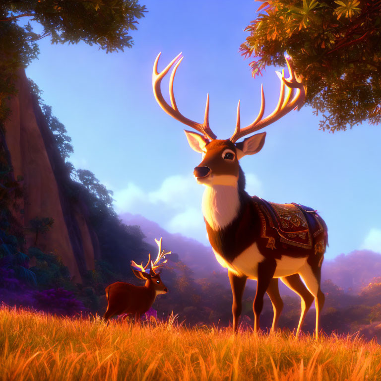 Sunlit forest clearing with two animated deer surrounded by lush trees and colorful flora