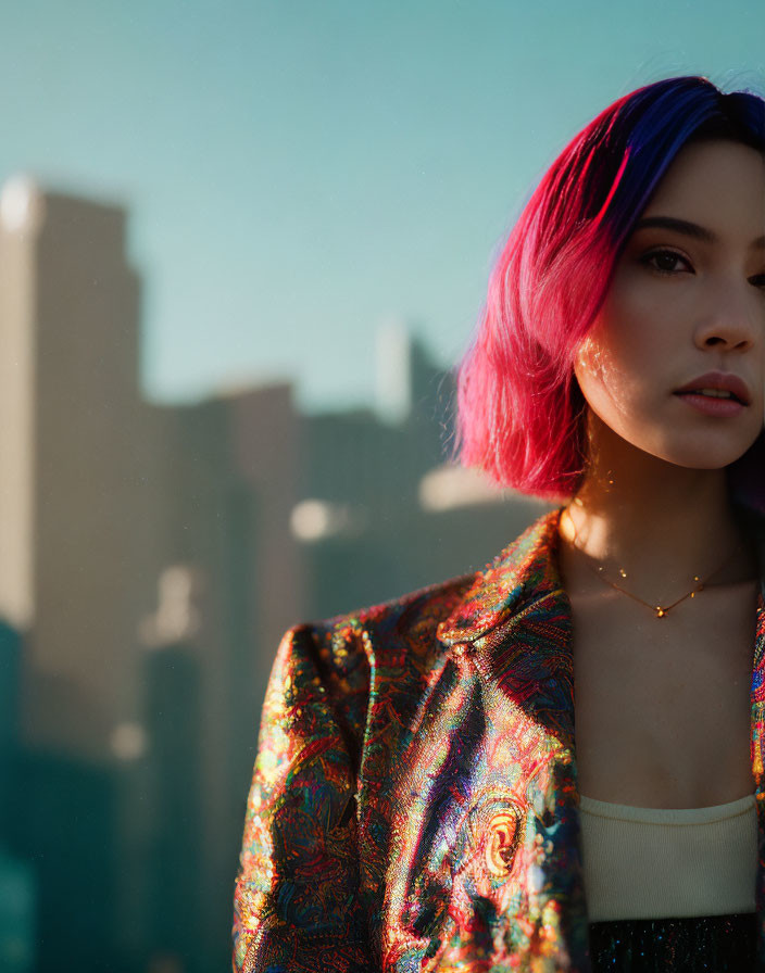 Vibrant pink-and-blue hair person in shimmery jacket at golden hour