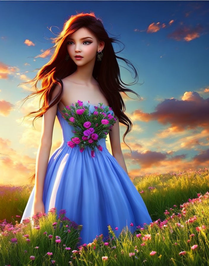 Long-haired animated character in blue dress with flowers in meadow at sunset