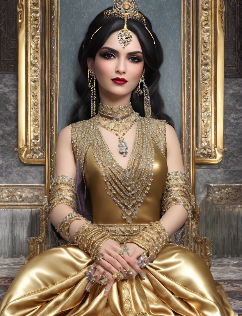 Luxurious Golden Dress and Intricate Jewelry on Elegant Woman