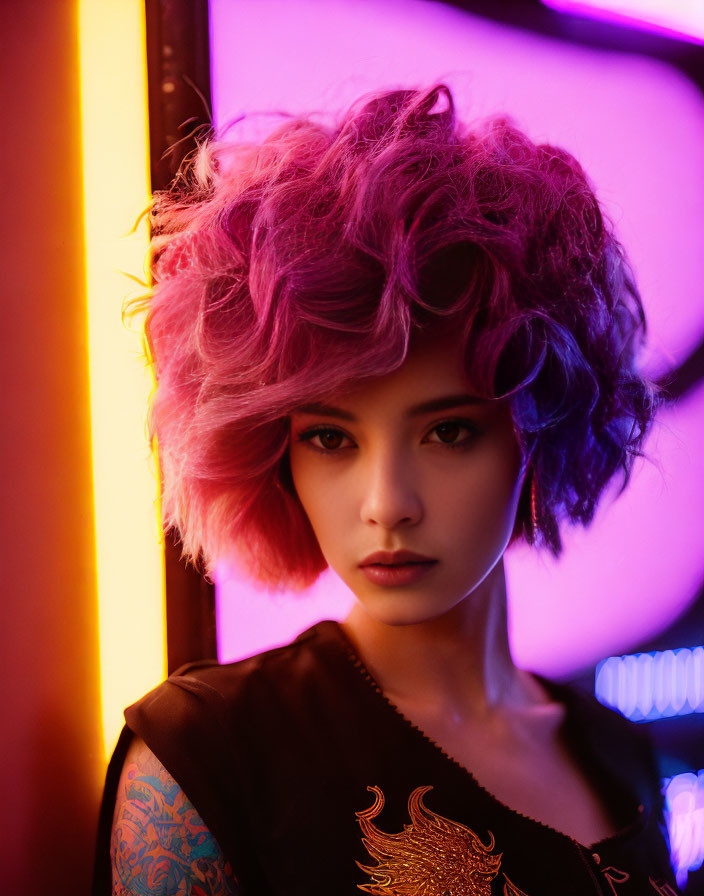 Portrait of person with pink hair and tattooed arm in neon-lit setting