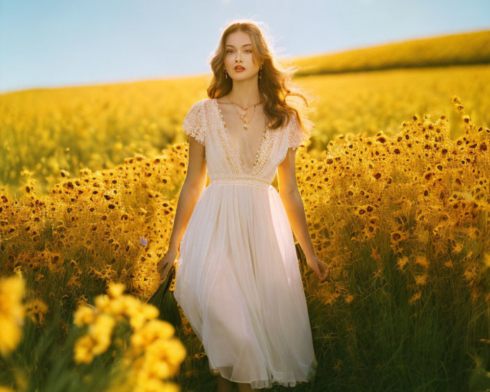 Woman in white dress in sunflower field under clear blue sky