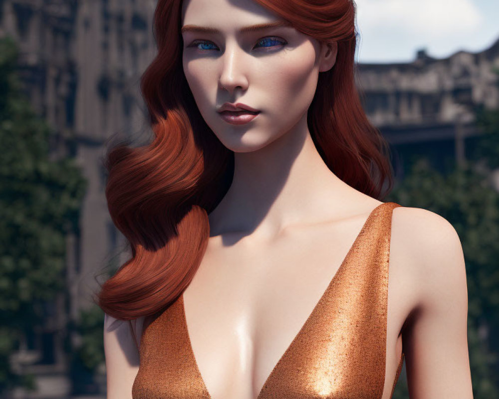 Digital artwork: Woman with long red hair, blue eyes, in gold dress, urban backdrop