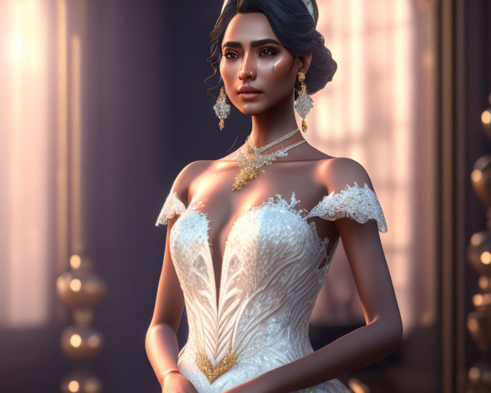 Regal woman in white gown with gold accents and tiara in grand sunlit room