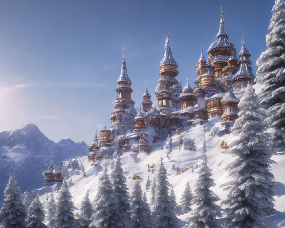 Ornate multilevel buildings in snow-covered winter scene