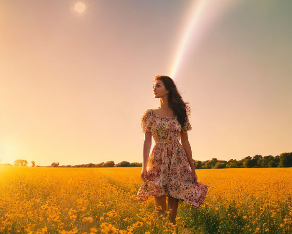 Woman in Floral Dress Standing in Yellow Field with Sun and Lens Flare