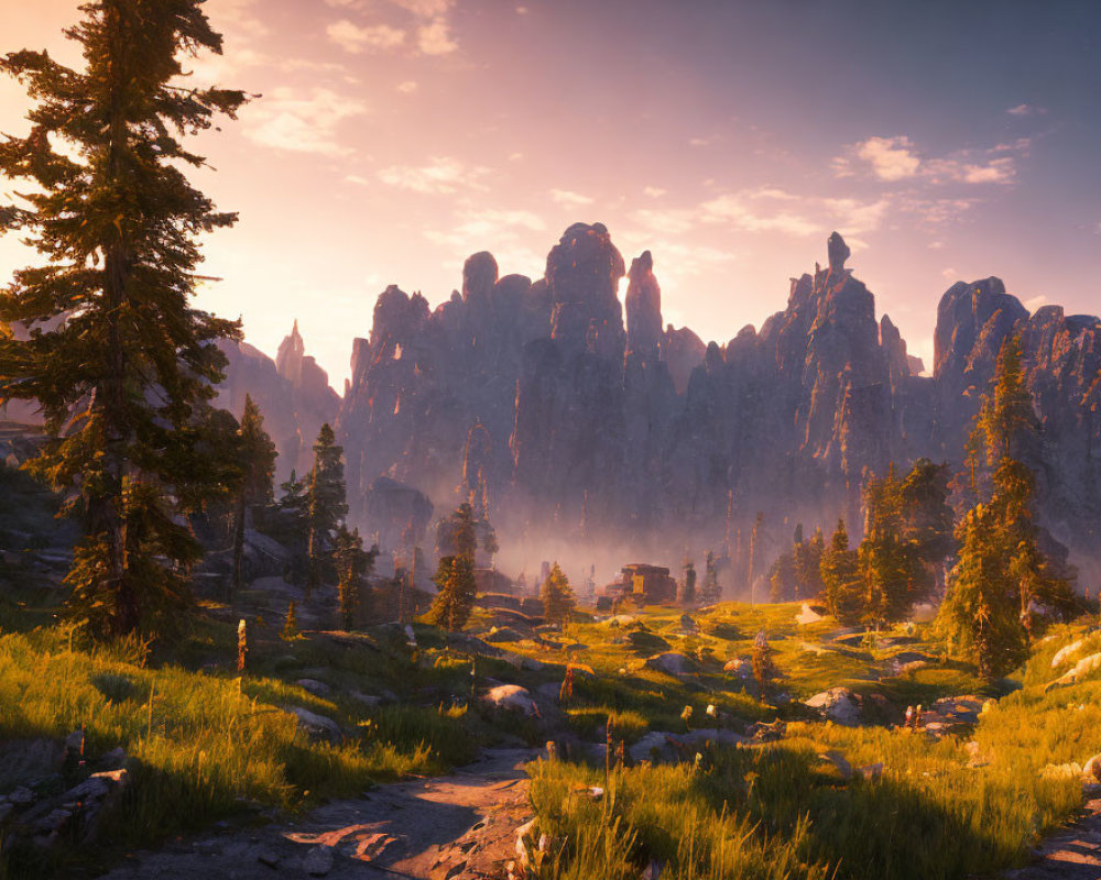 Majestic rock formations in serene forest sunset.