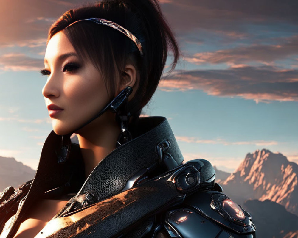 Digital artwork: Asian woman in futuristic black armor against sunset mountains