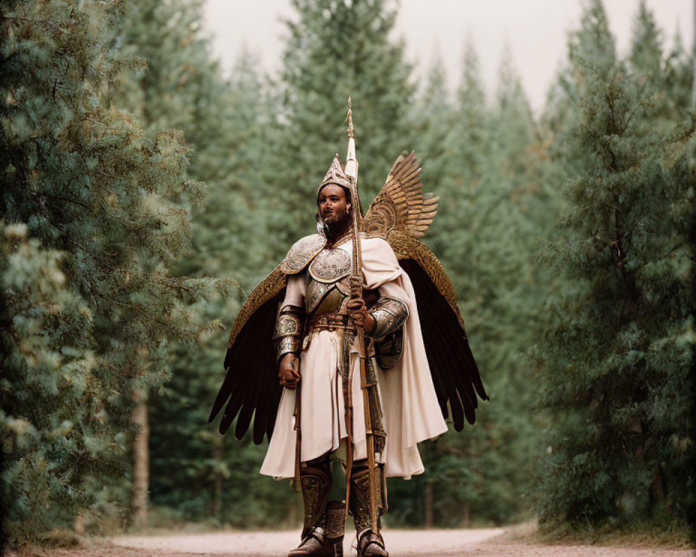 Elaborately armored figure with winged helmet and spear in forest path
