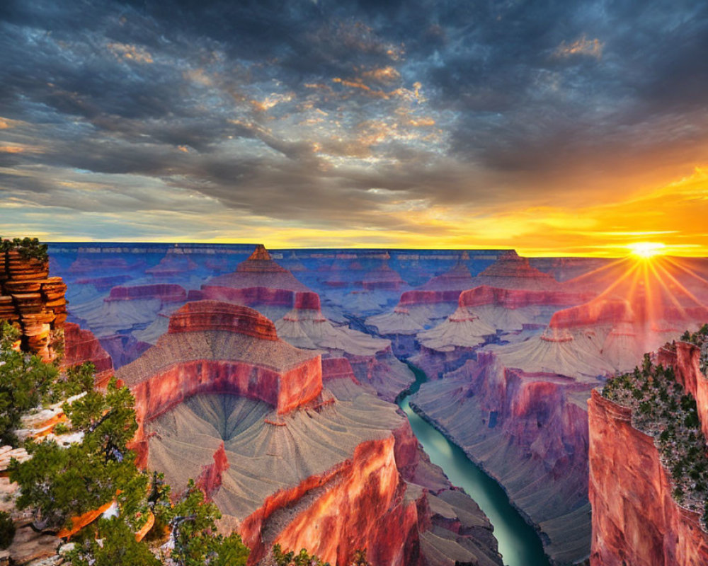 Vivid Grand Canyon sunset with winding Colorado River
