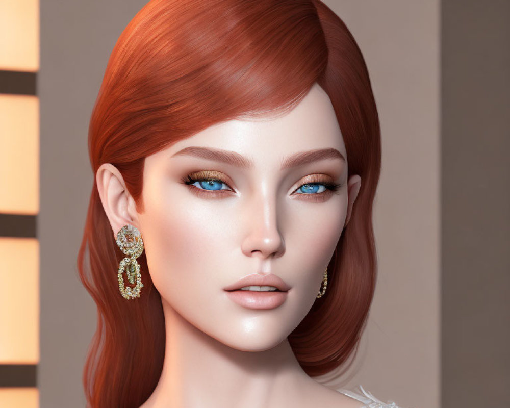 Digital Artwork: Woman with Blue Eyes, Red Hair, White Dress