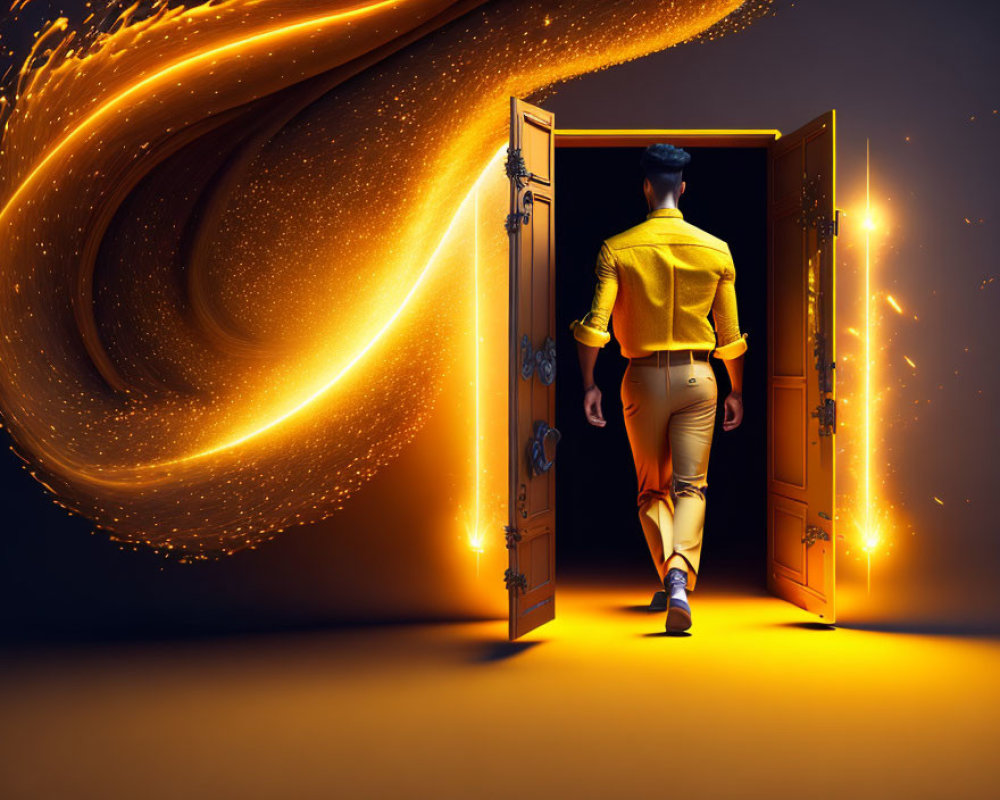 Person in yellow shirt and beige pants entering door with golden light trail into dark void