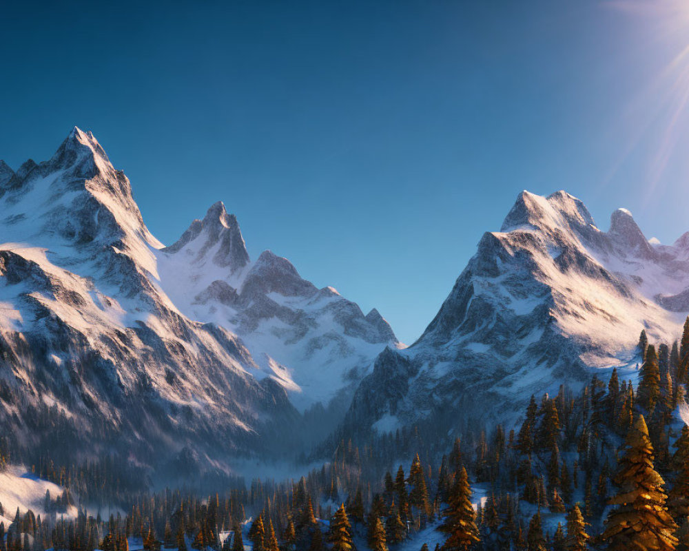 Snow-capped mountains under clear blue sky with sun over peaks.