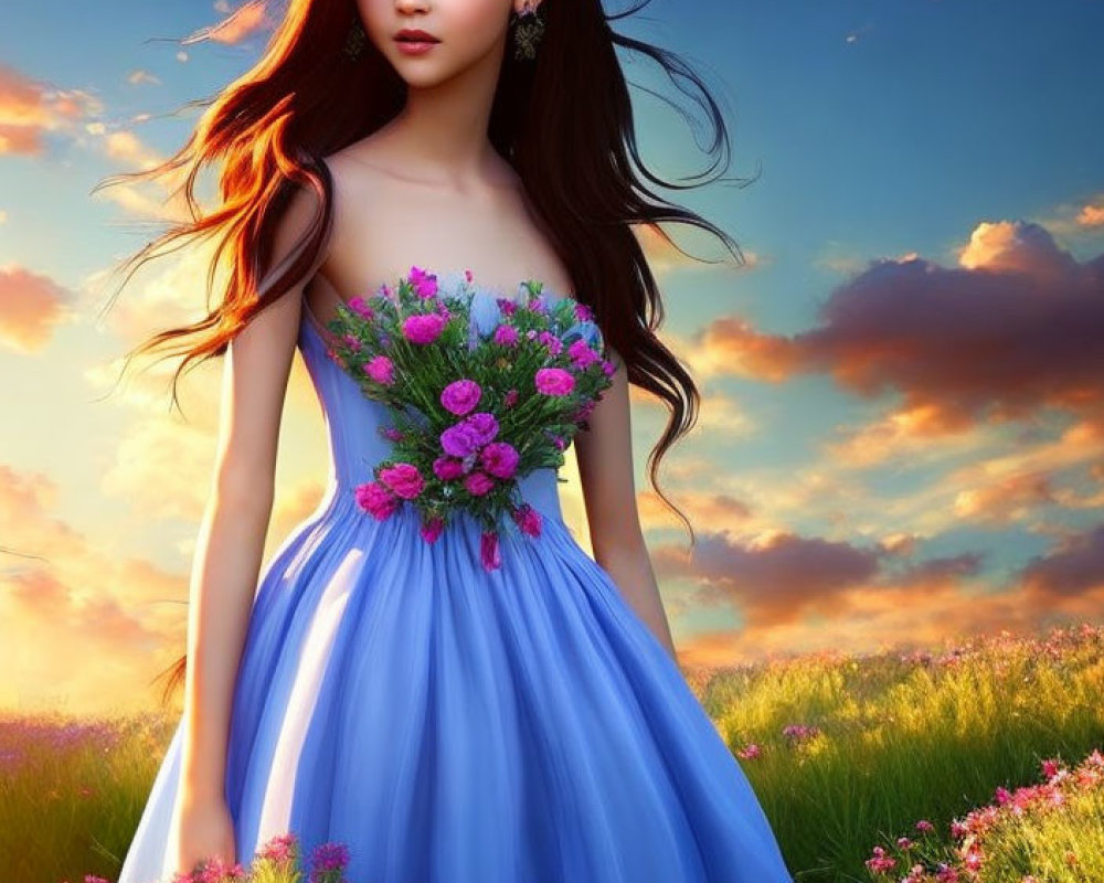 Long-haired animated character in blue dress with flowers in meadow at sunset