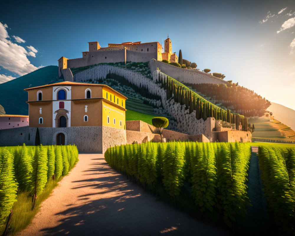 Sunlit pathway to vibrant hilltop estate with castle, gardens, greenery
