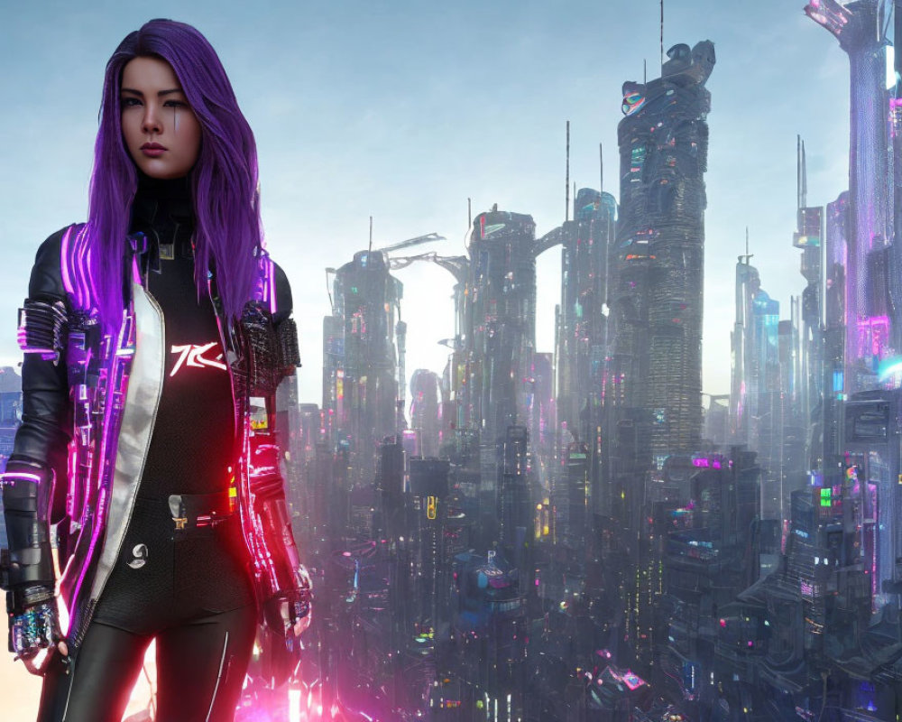 Purple-haired woman in leather jacket against neon cityscape at dusk