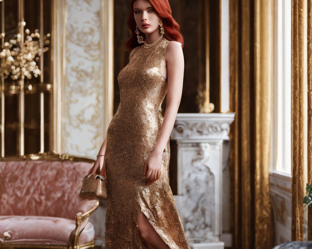 Elegant Woman in Shimmering Gold Gown in Luxurious Room