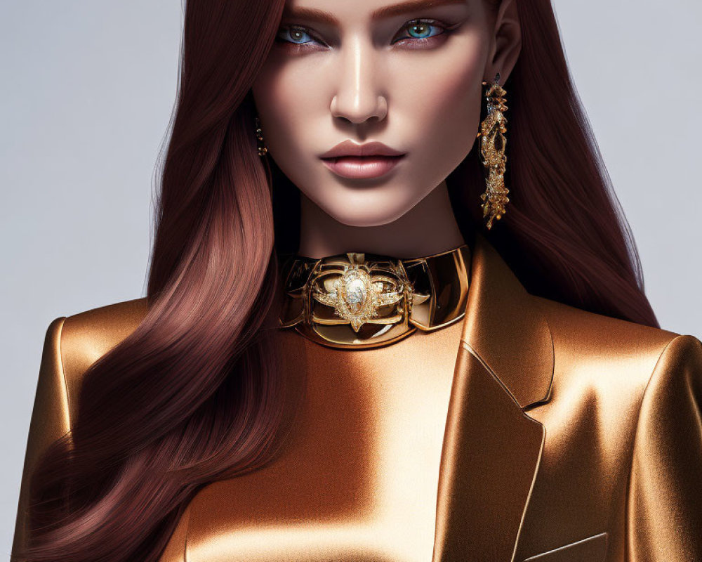 Digital Artwork: Woman with Auburn Hair, Blue Eyes, Golden Earrings, Lion Choker