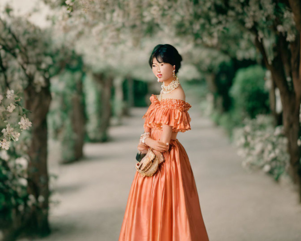 Elegant Woman in Orange Dress Among Blooming Trees