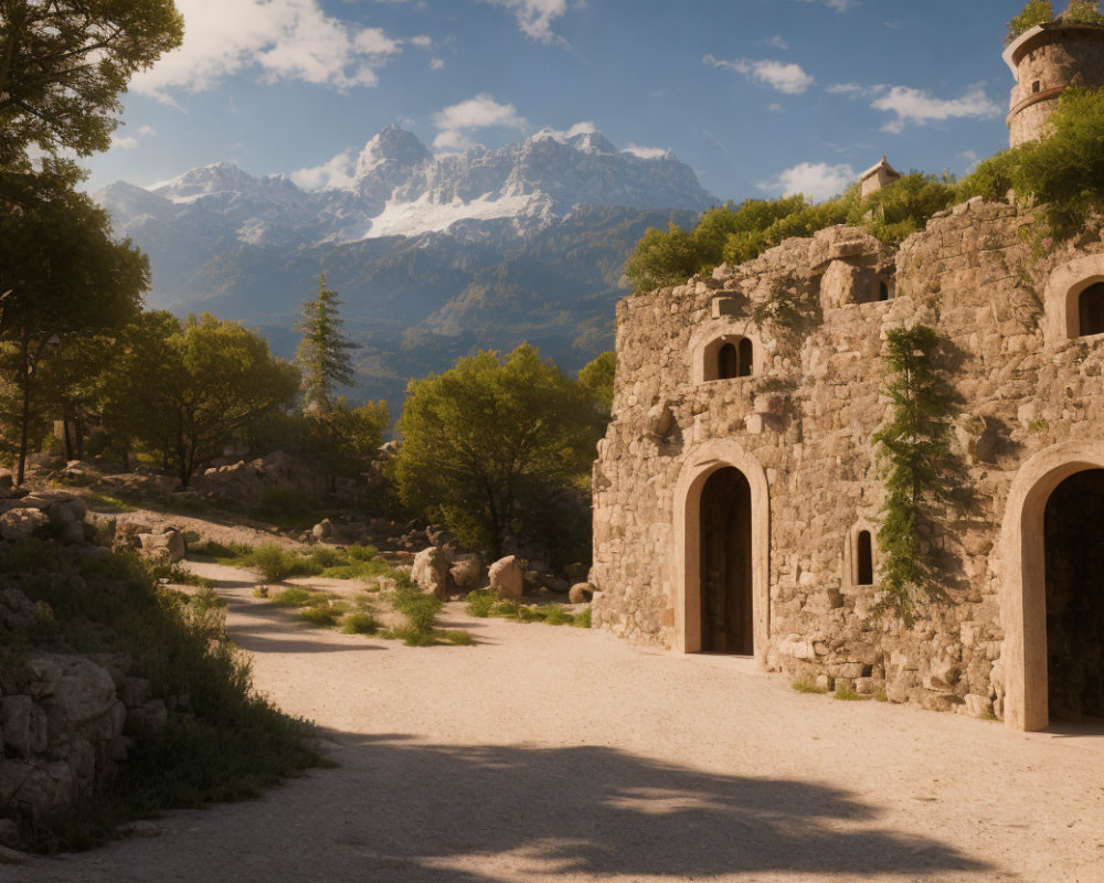 Tranquil landscape with ancient stone building, dirt path, trees, and snowy mountains