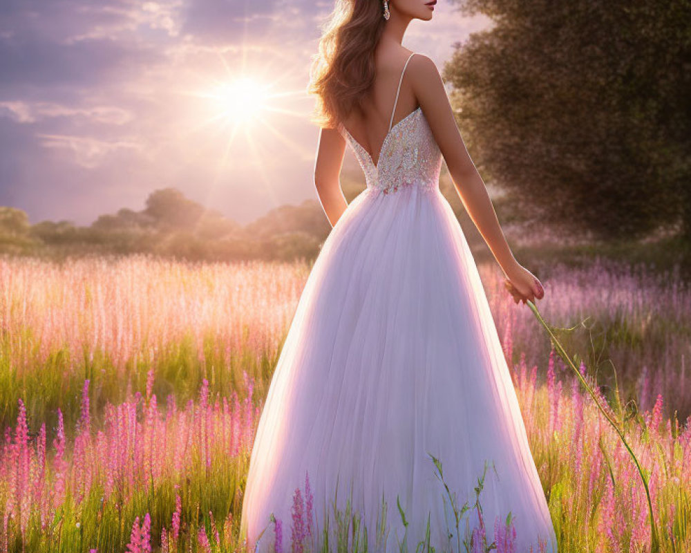 Woman in white dress with floral headpiece in pink flower field at sunset