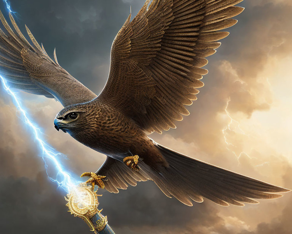 Majestic hawk with glowing sword in stormy sky