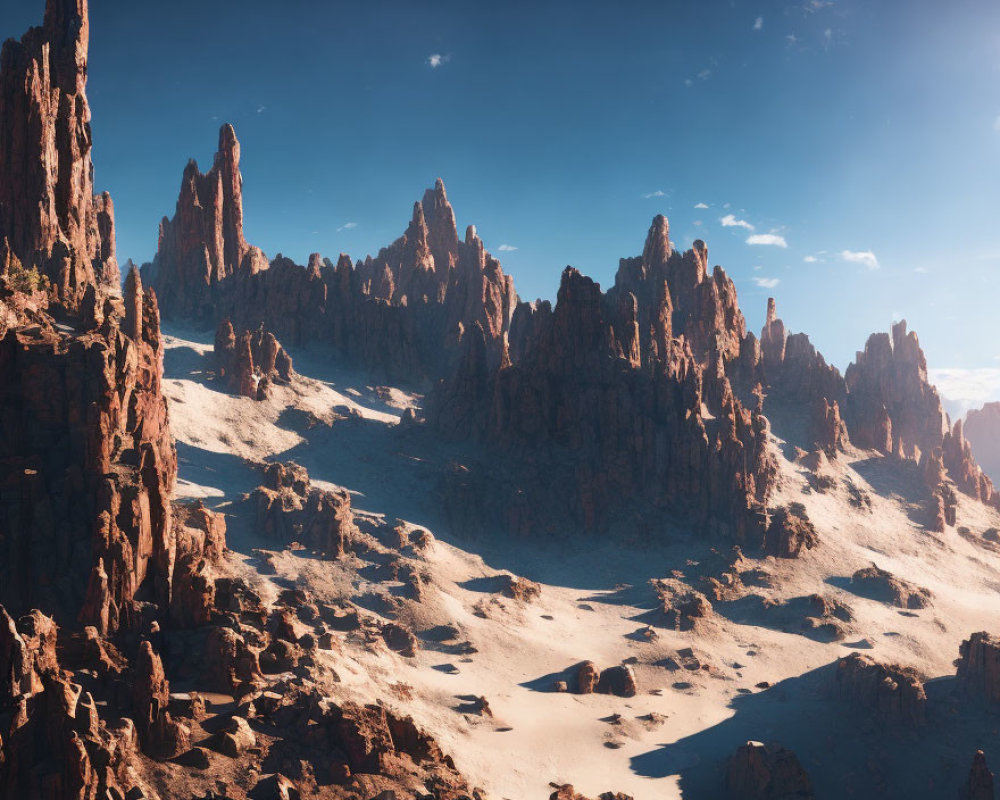 Snowy mountains under clear blue sky: A rugged, jagged landscape