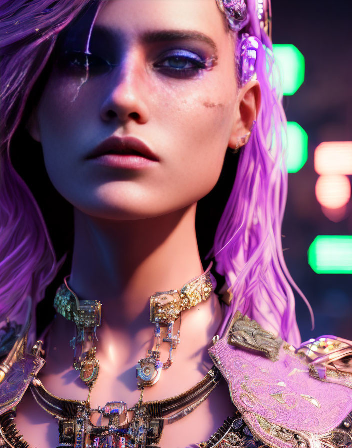 Portrait of person with purple hair, cyberpunk makeup, gold necklaces in neon-lit setting