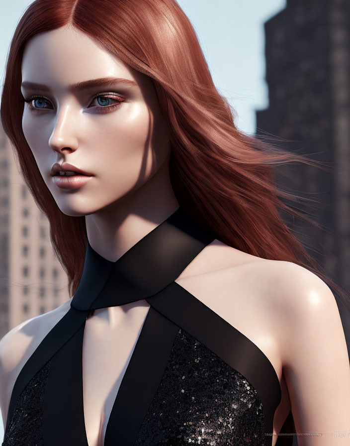 Digital portrait of woman with red hair and blue eyes in black outfit against skyscrapers