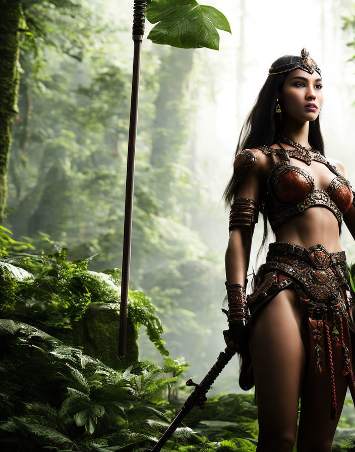 Warrior woman in ornate armor holding a spear in misty jungle