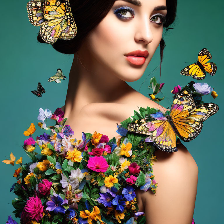 Colorful woman with vibrant makeup, butterflies, and flowers on teal background