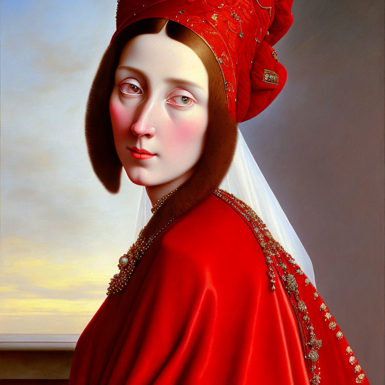 Hyperrealistic Painting: Symmetrical Woman in Red Headdress, Fur Collar, White Veil