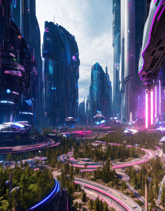 Futuristic cityscape with skyscrapers, neon lights & flying vehicles