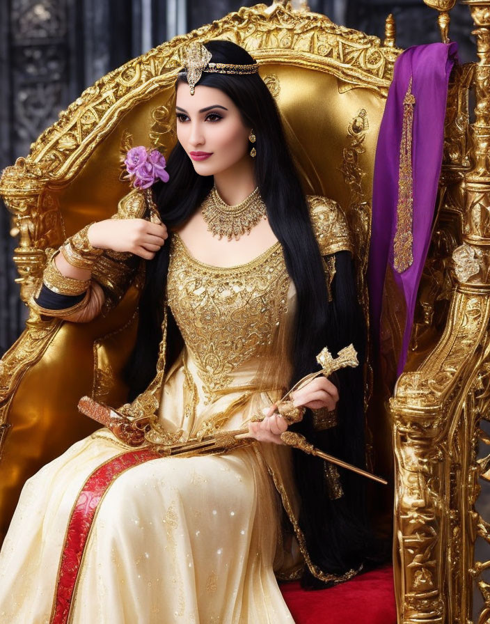 Woman in ornate golden dress on throne with purple flower and scepter