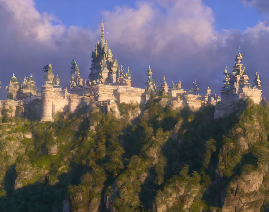 Mystical castle with multiple spires on forested cliff in warm sunlight