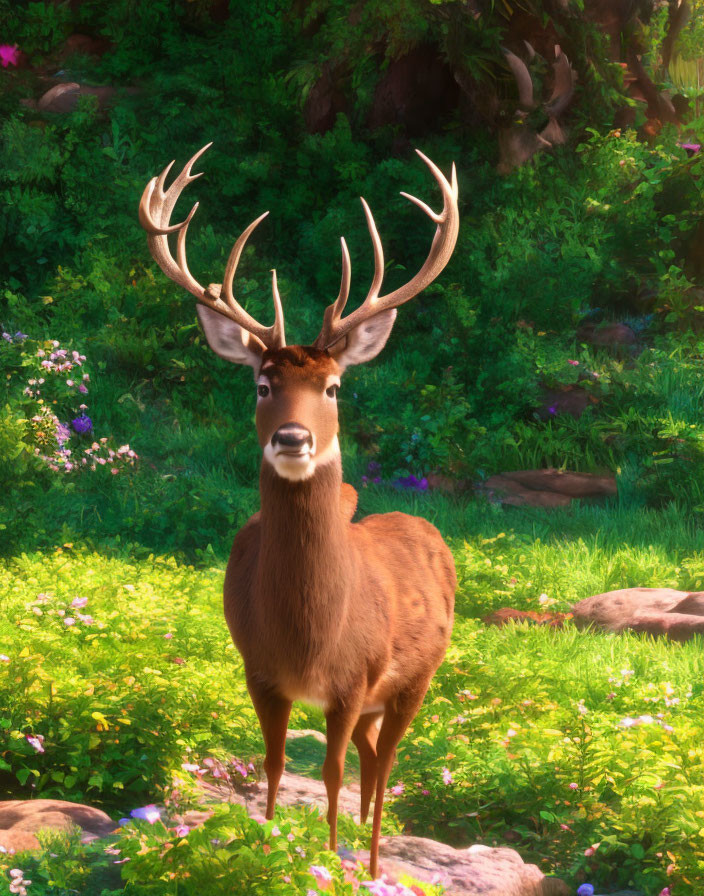 Animated deer in sunlit forest clearing with greenery & flowers
