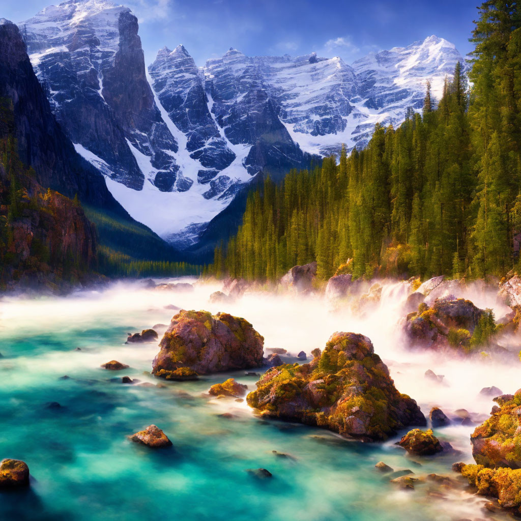 Turquoise River, Snow-capped Peaks, Pine Trees - Scenic Landscape