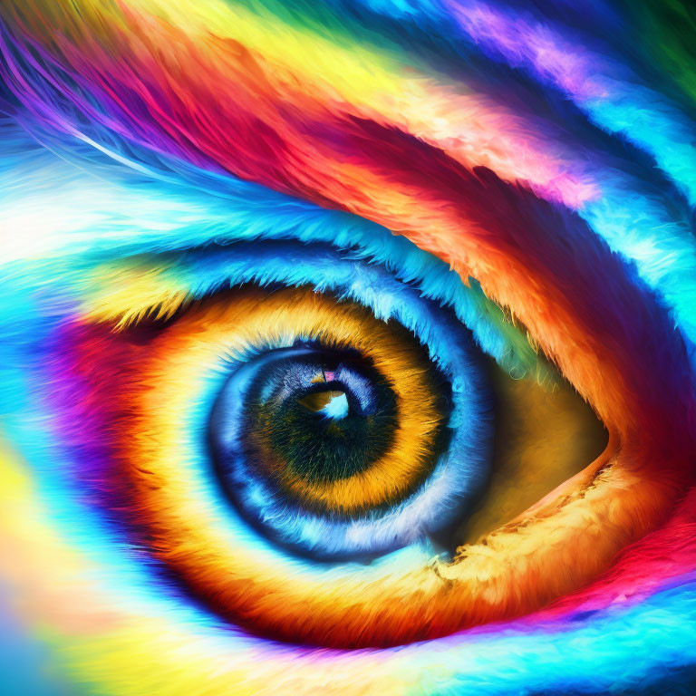 Colorful close-up of human eye with swirling rainbow spectrum.
