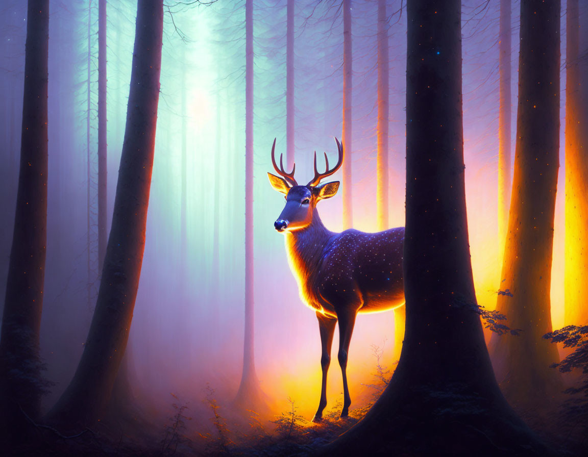 Mystical stag with glowing spots in luminous forest at dawn or dusk