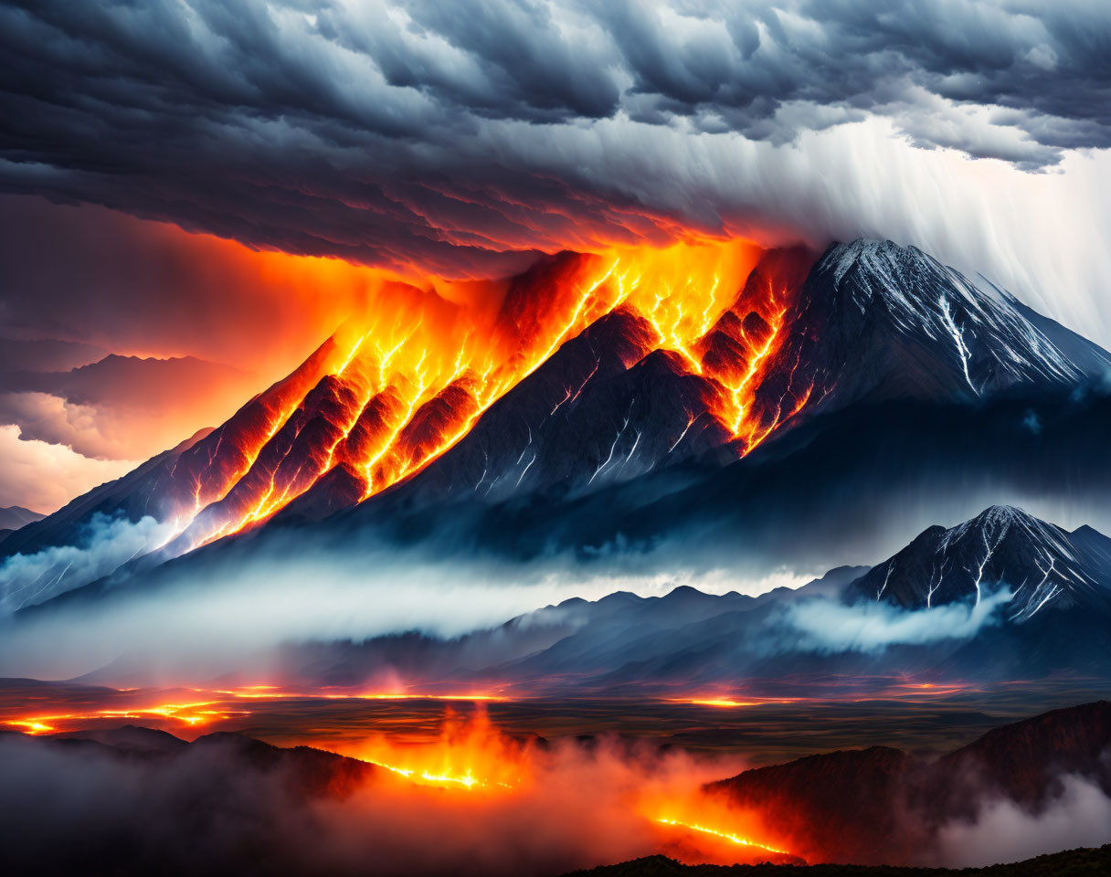 Volcanic eruption with lava flows under stormy sky and fiery glow