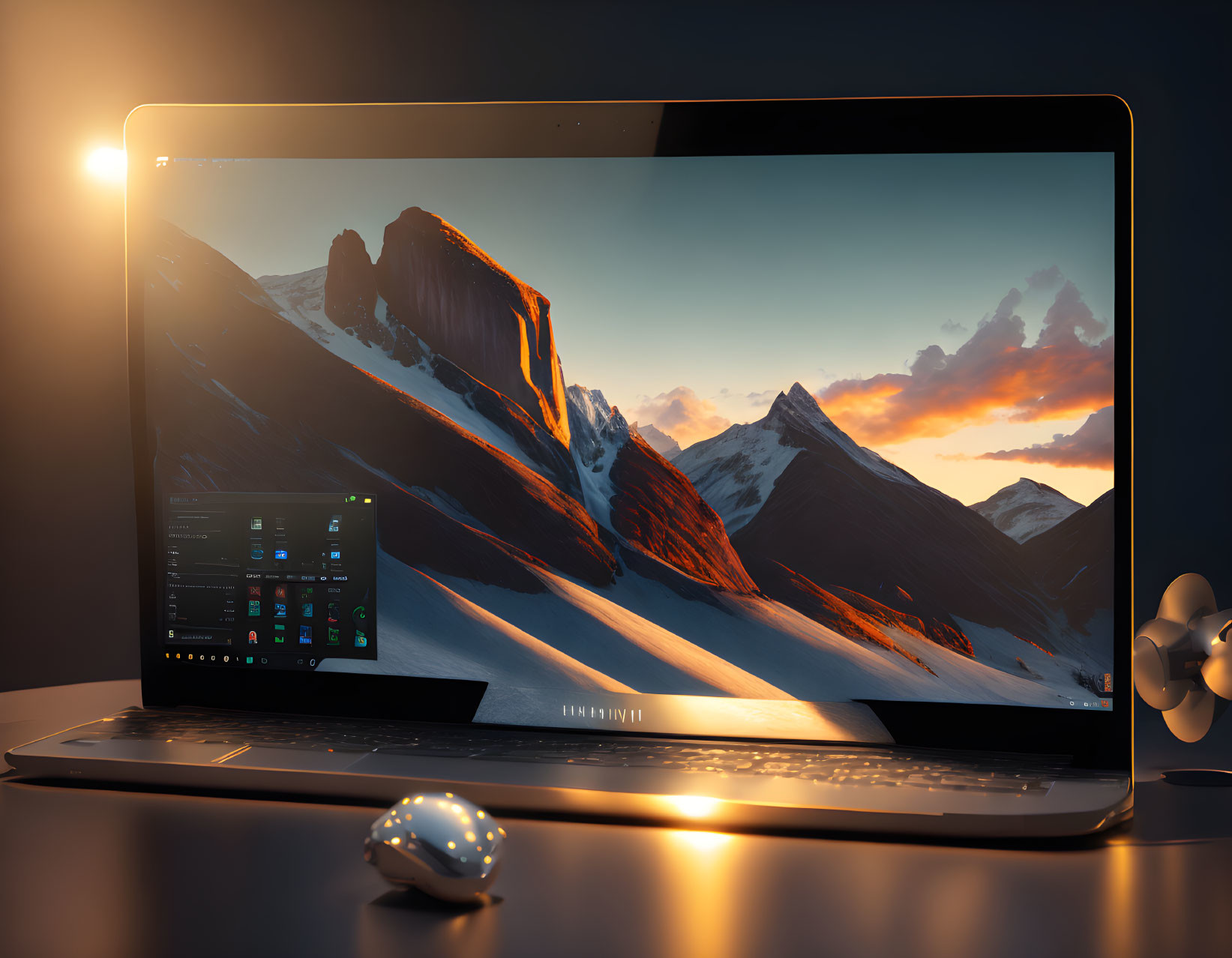 Sleek laptop on desk with snowy mountain wallpaper and decor