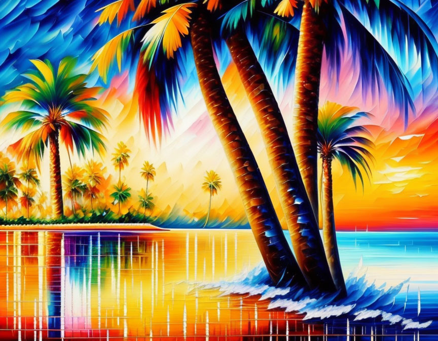 Colorful Tropical Sunset Painting with Palm Trees and Water Reflections