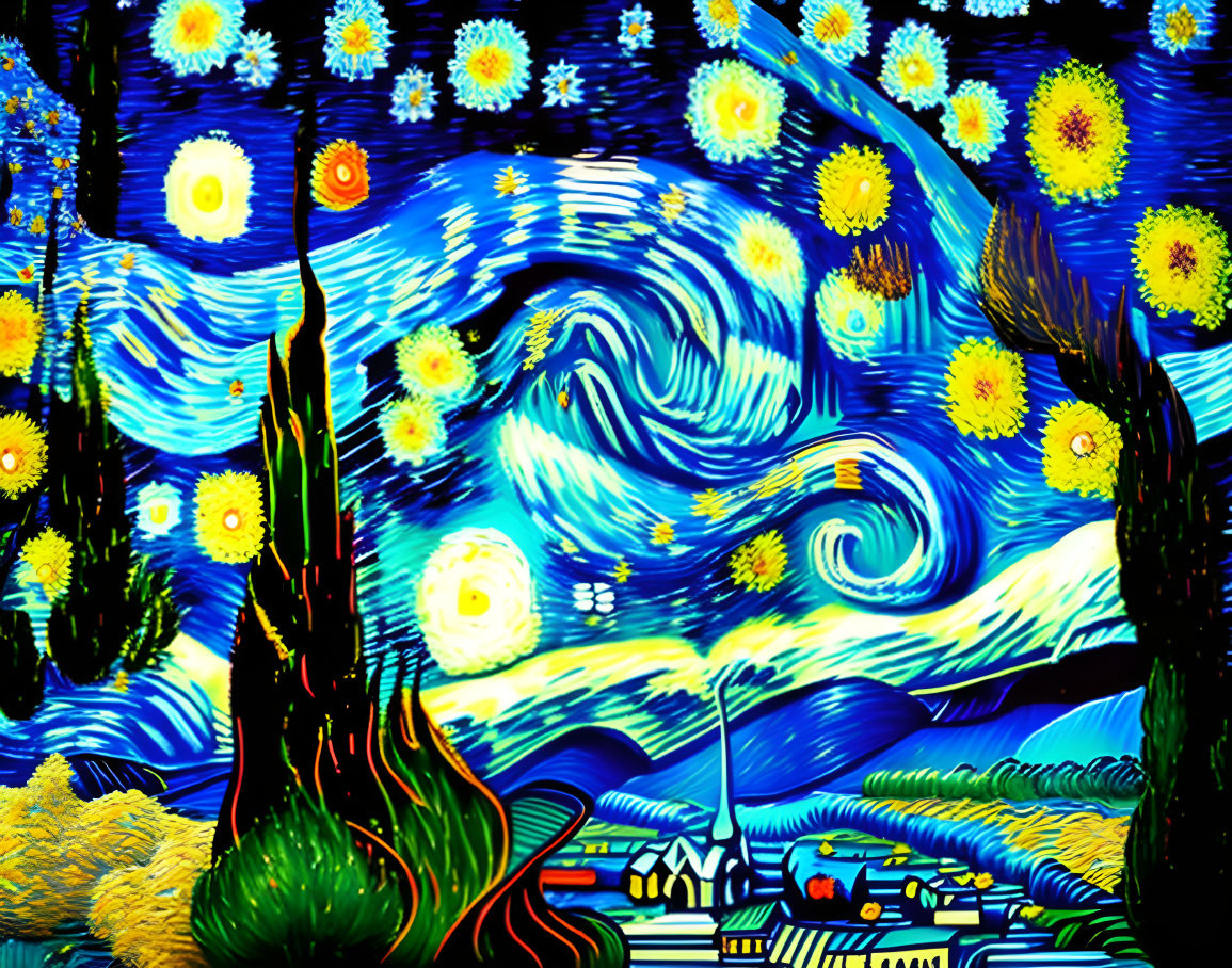 Starry Night Painting with Swirling Blue Skies