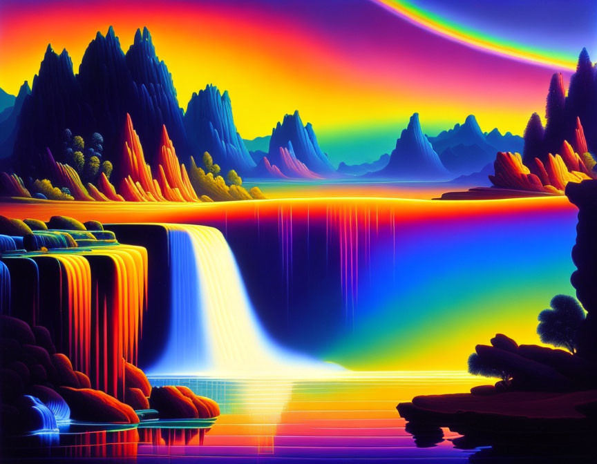 Surreal landscape with neon colors, waterfalls, mountains, aurora sky